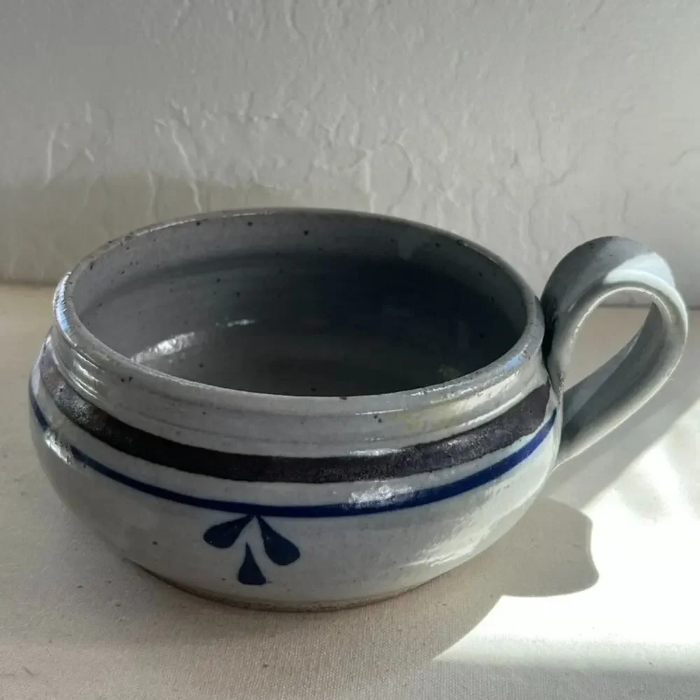 Studio Art Pottery Handmade Soup Bowl Handled Blue Striped Signed 5
